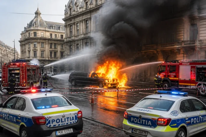 Limuzină mistuită de flăcări în centrul Bucureștiului, lângă Calea Victoriei