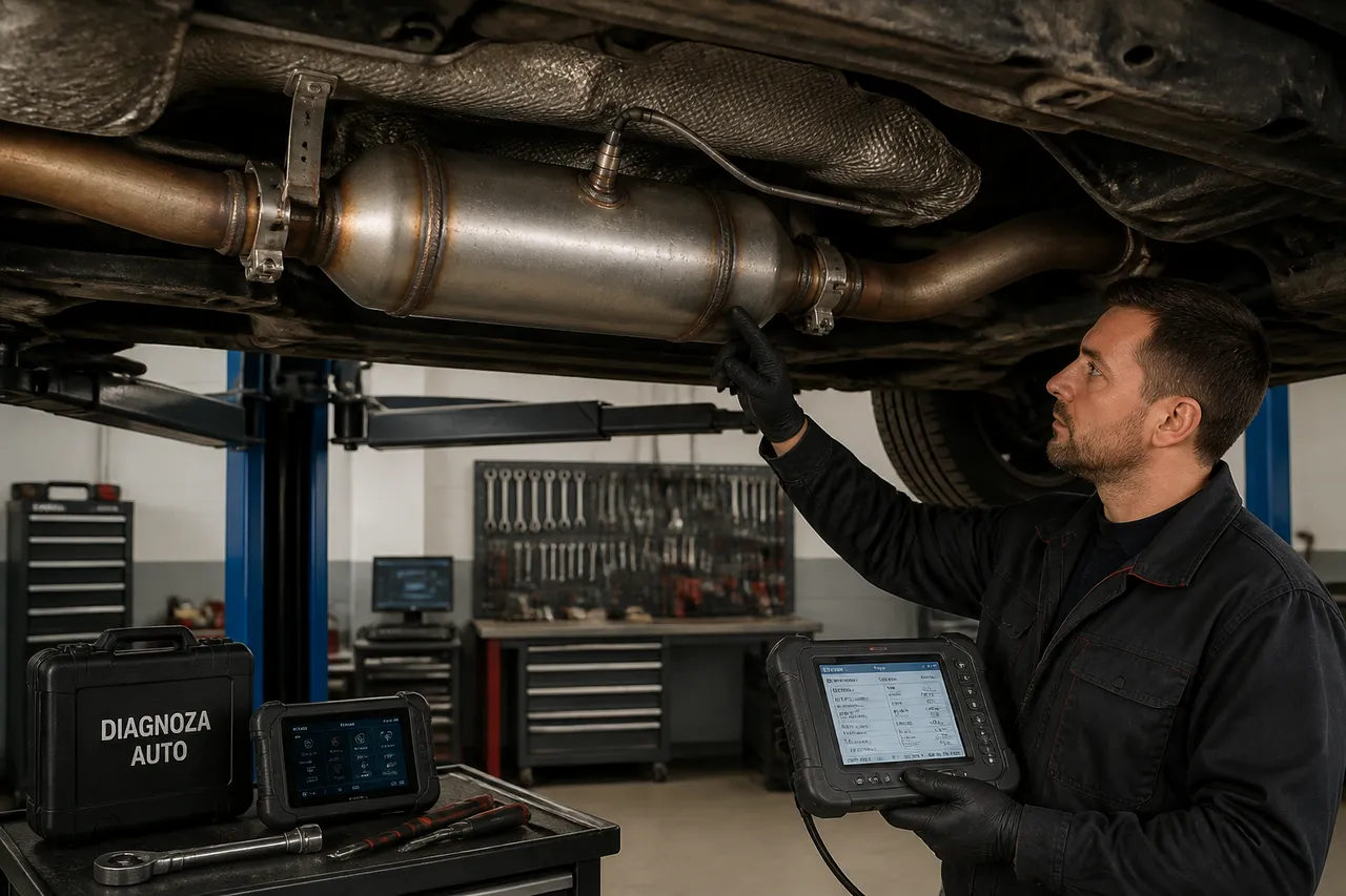 filtru de particule DPF înfundat verificat într-un service auto