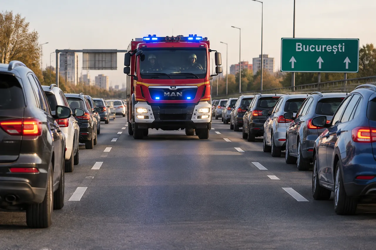 ambulanță care trece prin traficul blocat pe autostradă